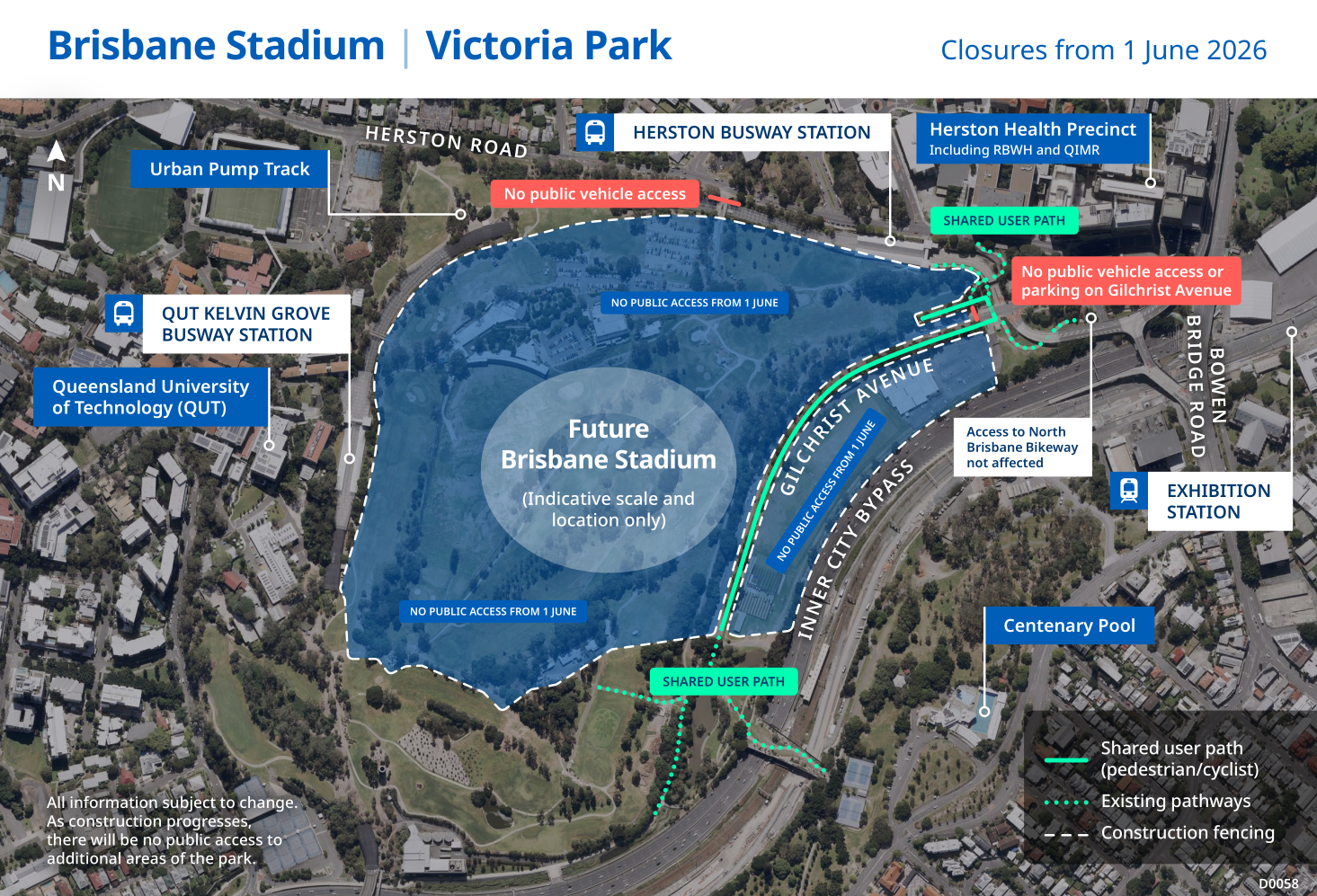 Satellite map of Barrambin showing most of its area affected by GIICA's planned closures. The whole area between the QUT and Herston bus stations, pump track, and Gilchrist Avenue is included, as well as the area between Gilchrist Avenue and the ICB.